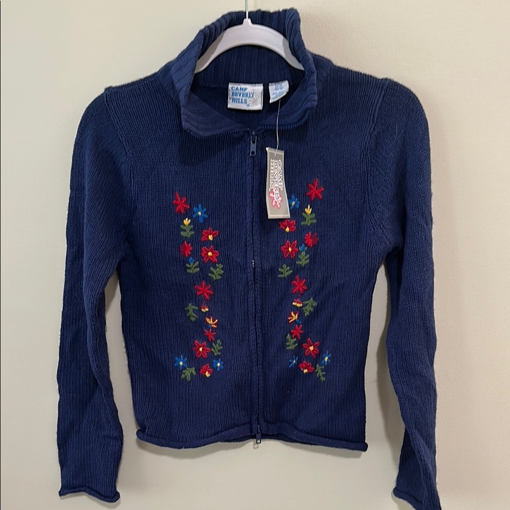 Girls Camp Beverly Hills Medium 10/12 navy embroidered flower zip up sweater